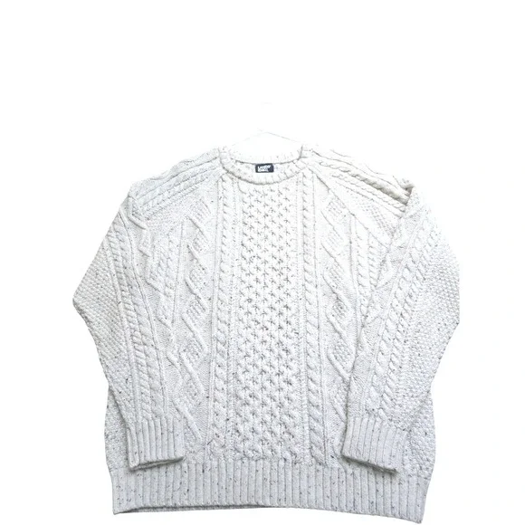 LANDS END Men's Cotton Blend Aran Cable Crew Neck Sweater Large Off White EUC Crewneck